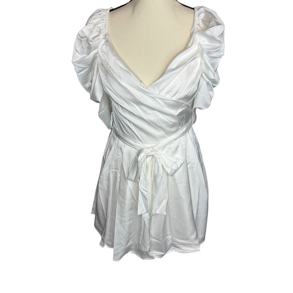 Mustard Seed White Satin Puff Sleeve Mini Dress Small Ruched Tie Waist NWT